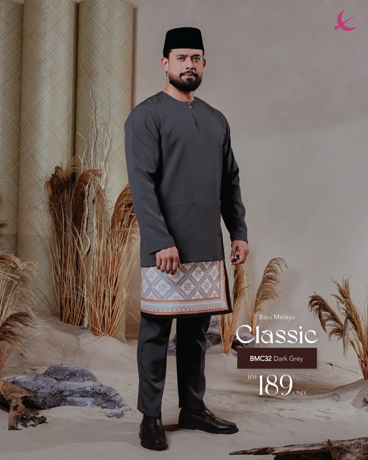 BAJU MELAYU TELUK BELANGA CLASSIC DARK GREY